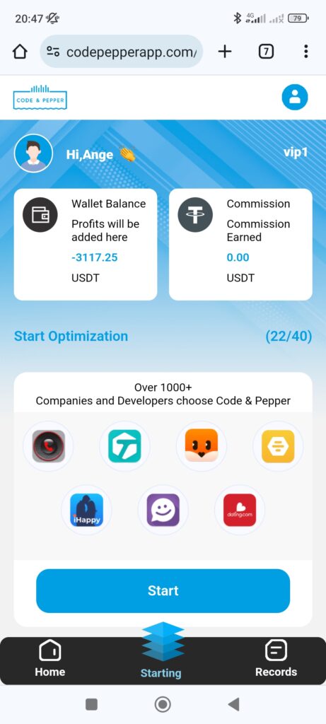 Example of fake app/website using our Code & Pepper logo and name.